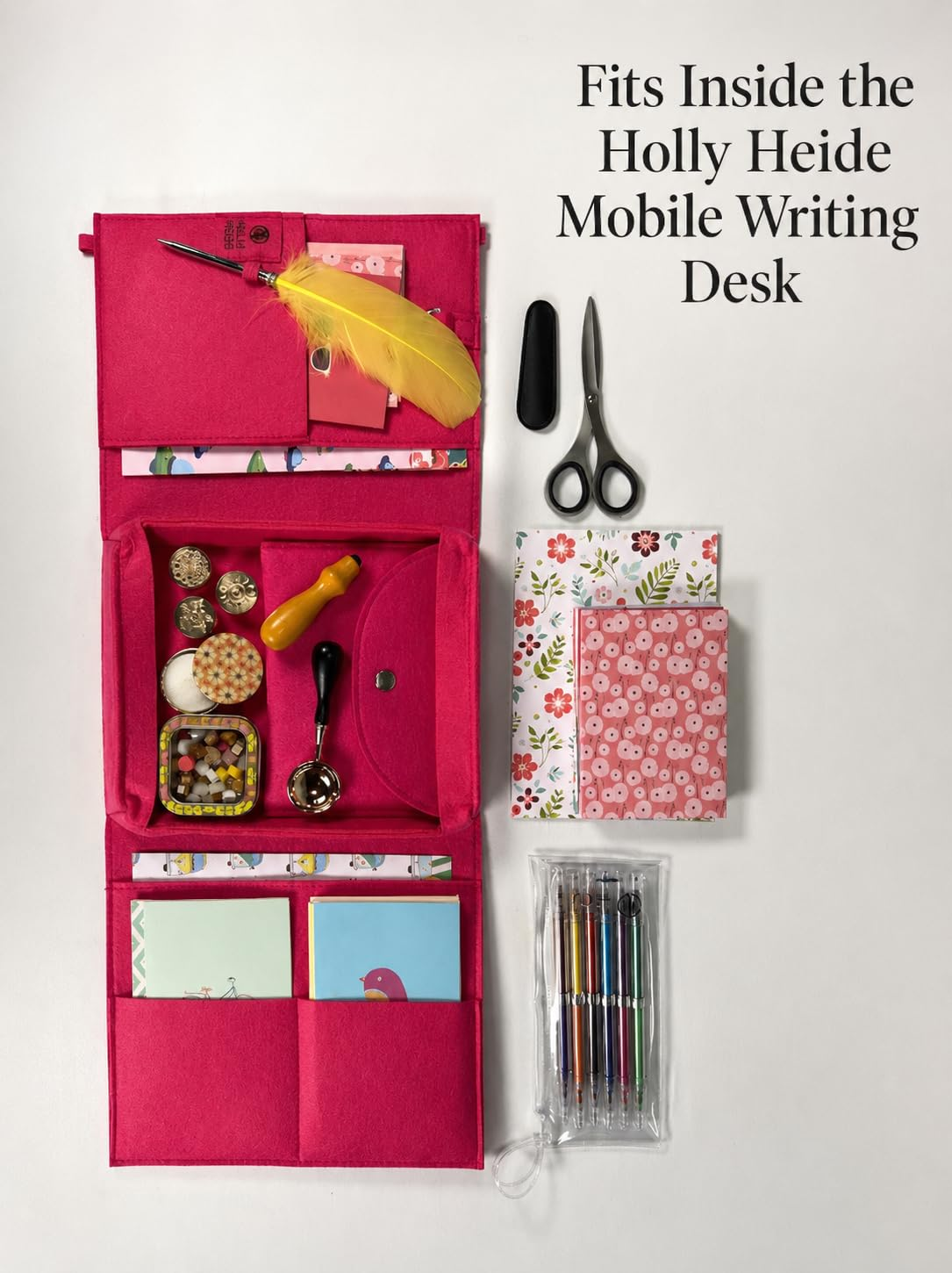 Holly Heide Wax Seal Kit nested inside the felt tray of a pink Mobile Writing Desk, showing how the accessories fit together for creative letter writing.