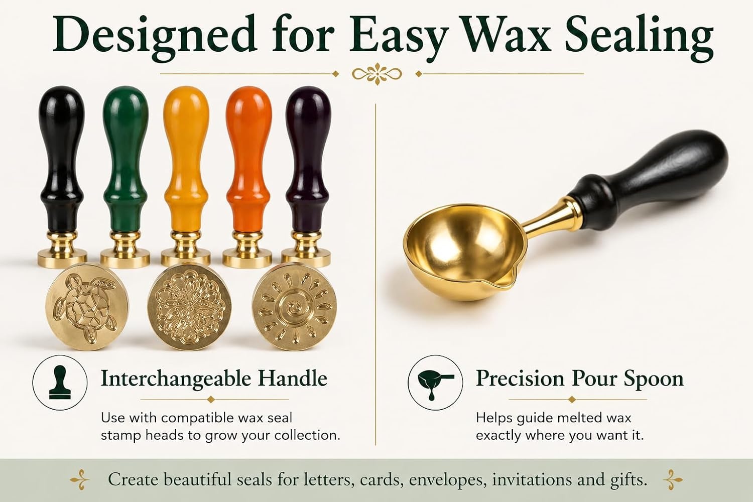 Five wax seal stamp handles in assorted colors, three brass designs featuring turtle, flower and sun, and a gold precision pouring spoon.